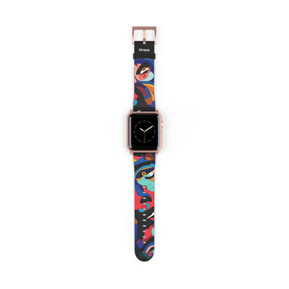 Surreales buntes Dali-Gesichtermuster – Lederarmband für die Apple Watch