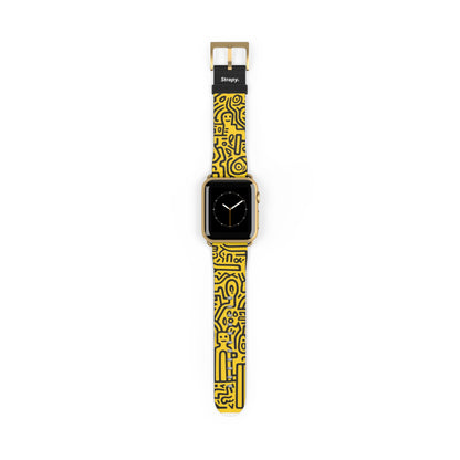 Abstract Keith Haring Homage Yellow Happiness Bold Geometric Line Pattern Leather Apple Watch Band