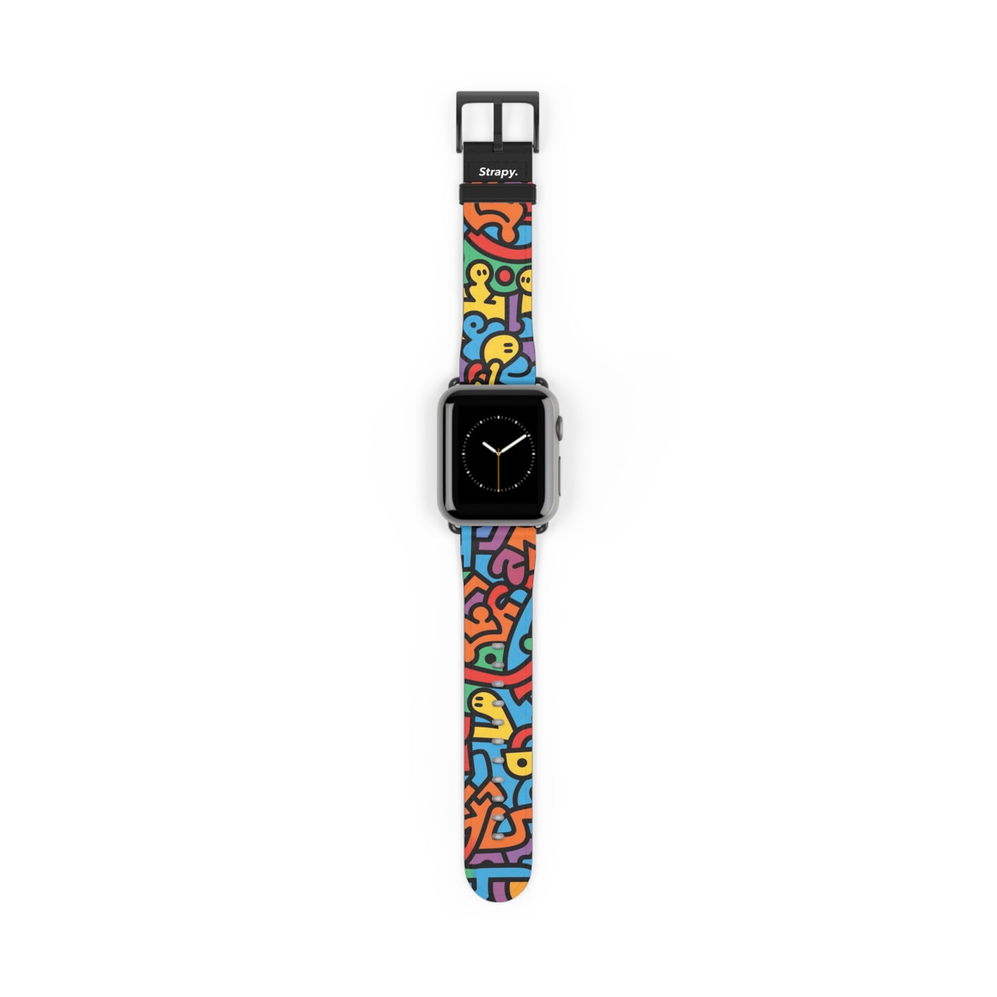 Abstraktes Regenbogen-Glück, kräftiges geometrisches Linienmuster im Keith-Haring-Stil – Apple-Watch-Armband/Armband aus Leder