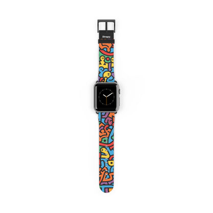 Abstraktes Regenbogen-Glück, kräftiges geometrisches Linienmuster im Keith-Haring-Stil – Apple-Watch-Armband/Armband aus Leder