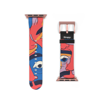 Motif de visages de moustache colorés surréalistes - Bracelet/Bande Apple Watch en cuir