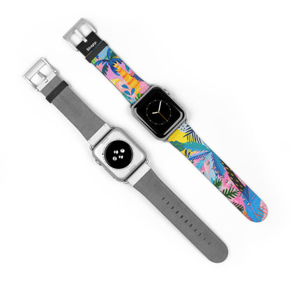 Summer Beach Palms Contemporary Pattern Leather Apple Watch Band