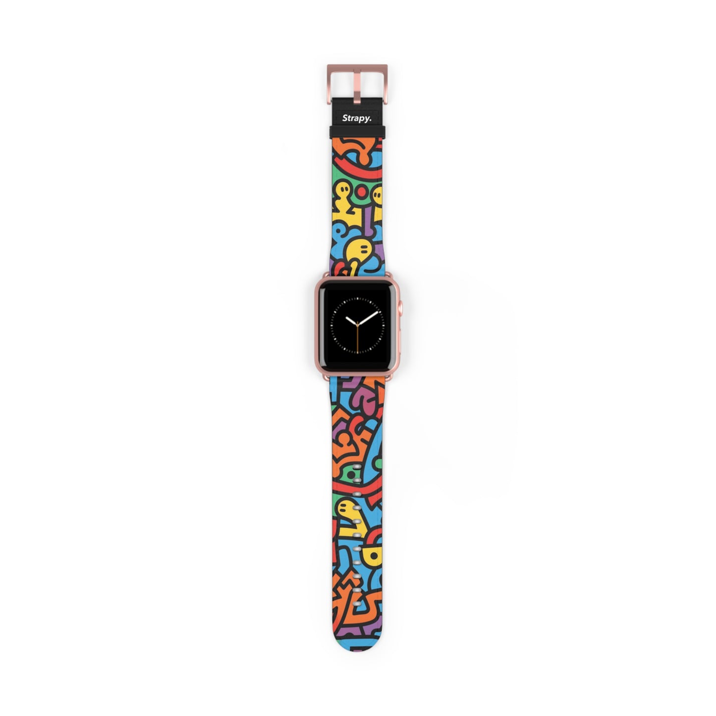 Motif de ligne de style Keith Harring géométrique abstrait bonheur arc-en-ciel - Bracelet/bande de montre Apple en cuir