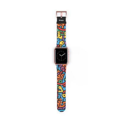 Abstraktes Regenbogen-Glück, kräftiges geometrisches Linienmuster im Keith-Haring-Stil – Apple-Watch-Armband/Armband aus Leder