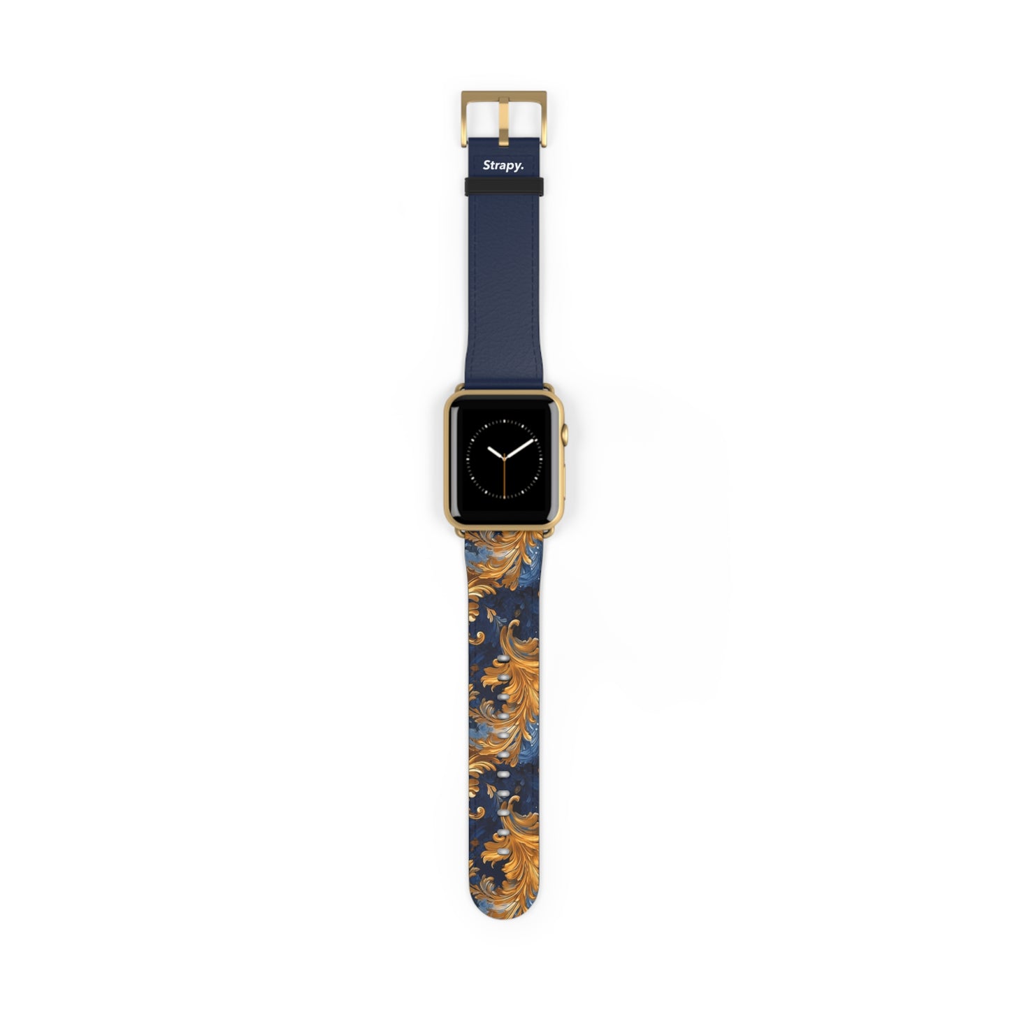 Victorian Baroque Golden & Dark Blue Royal Floral Pattern - Leather Apple Watch Strap/Band