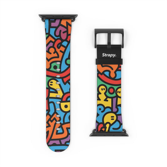 Abstraktes Regenbogen-Glück, kräftiges geometrisches Linienmuster im Keith-Haring-Stil – Apple-Watch-Armband/Armband aus Leder