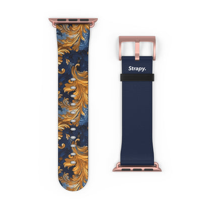 Victorian Baroque Golden & Dark Blue Royal Floral Pattern - Leather Apple Watch Strap/Band