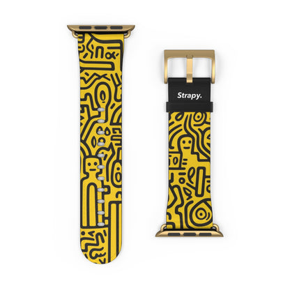 Abstract Keith Haring Homage Yellow Happiness Bold Geometric Line Pattern Leather Apple Watch Band