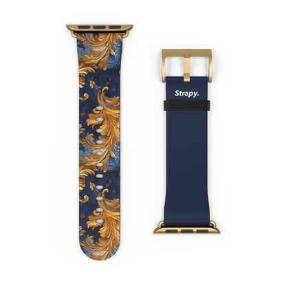 Victorian Baroque Golden & Dark Blue Royal Floral Pattern - Leather Apple Watch Strap/Band